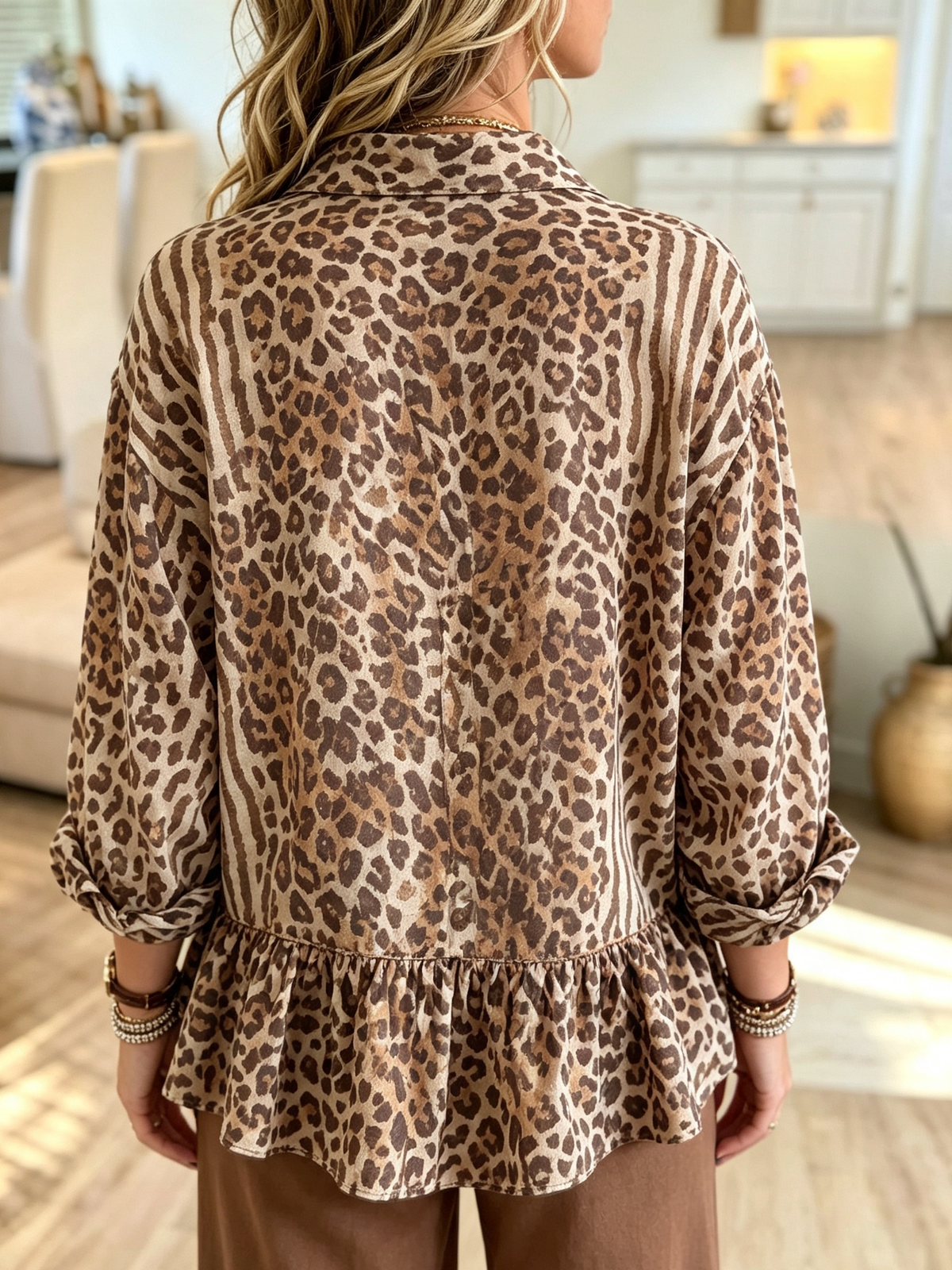 Women's Leopard Print Ruffle Hem Shirt