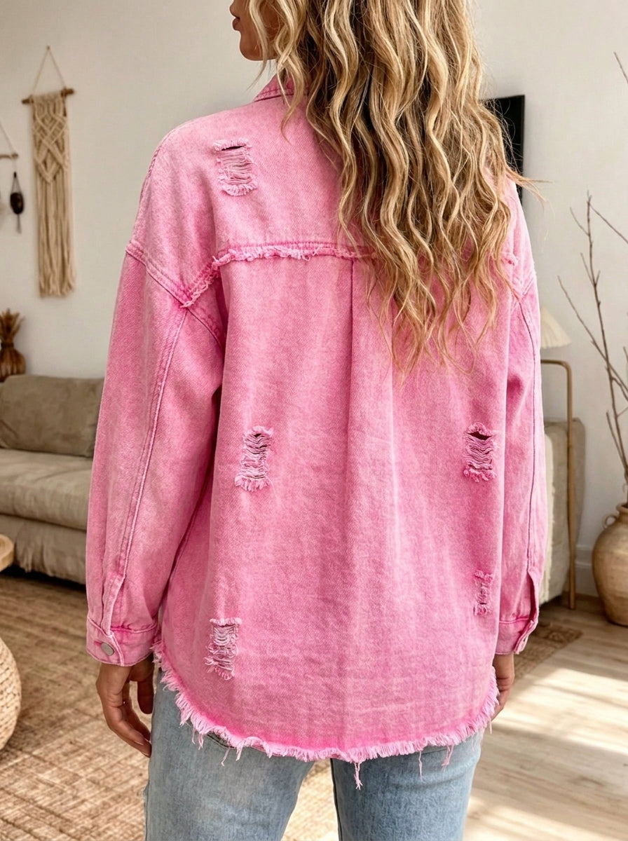 Women Pink Washed Denim Shacket Frayed Edge Distressed Button‑Up Jacket