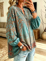 Women's Ethnic Geometric Vintage Print Puff Sleeve V-Neck Blouse