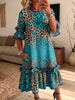Vintage Elegant Pattern Print Patchwork Color Blocked Trim Ruffle Midi Dress With Pockets