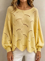 Women Hollow‑Out Wave Knit Sweater Loose Lantern Long Sleeve Casual Pullover Top