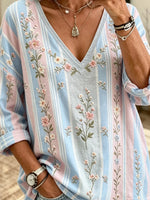 Women's Pink & Blue Vertical Stripe Floral Print V-Neck Loose Short Sleeve Top