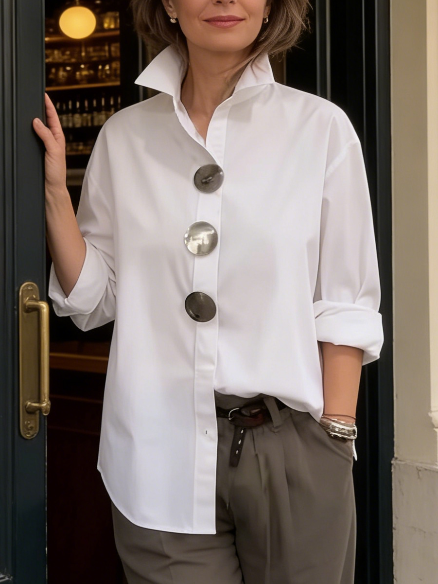 Elegant Stand-collar Metal Buttons Cotton Linen Blouse