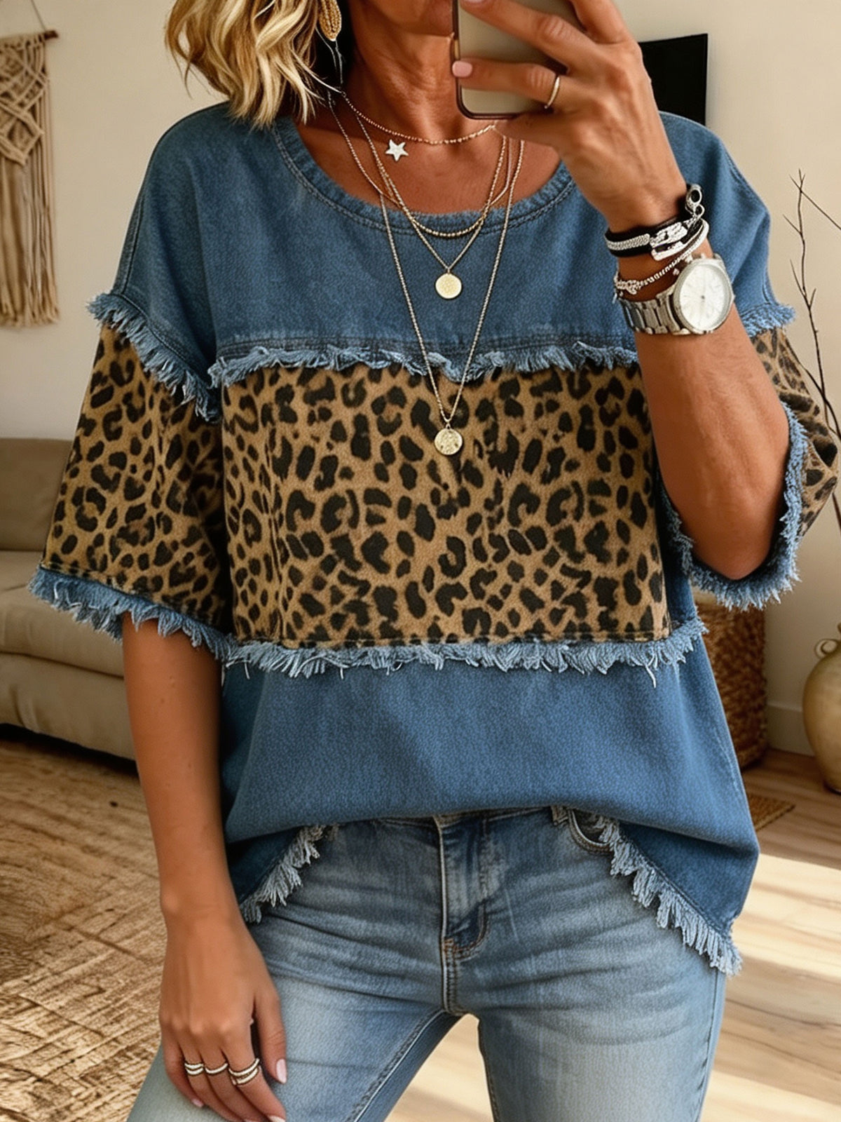 Women Denim Leopard Print Splice Top Frayed Edge Short Sleeve Casual Blouse