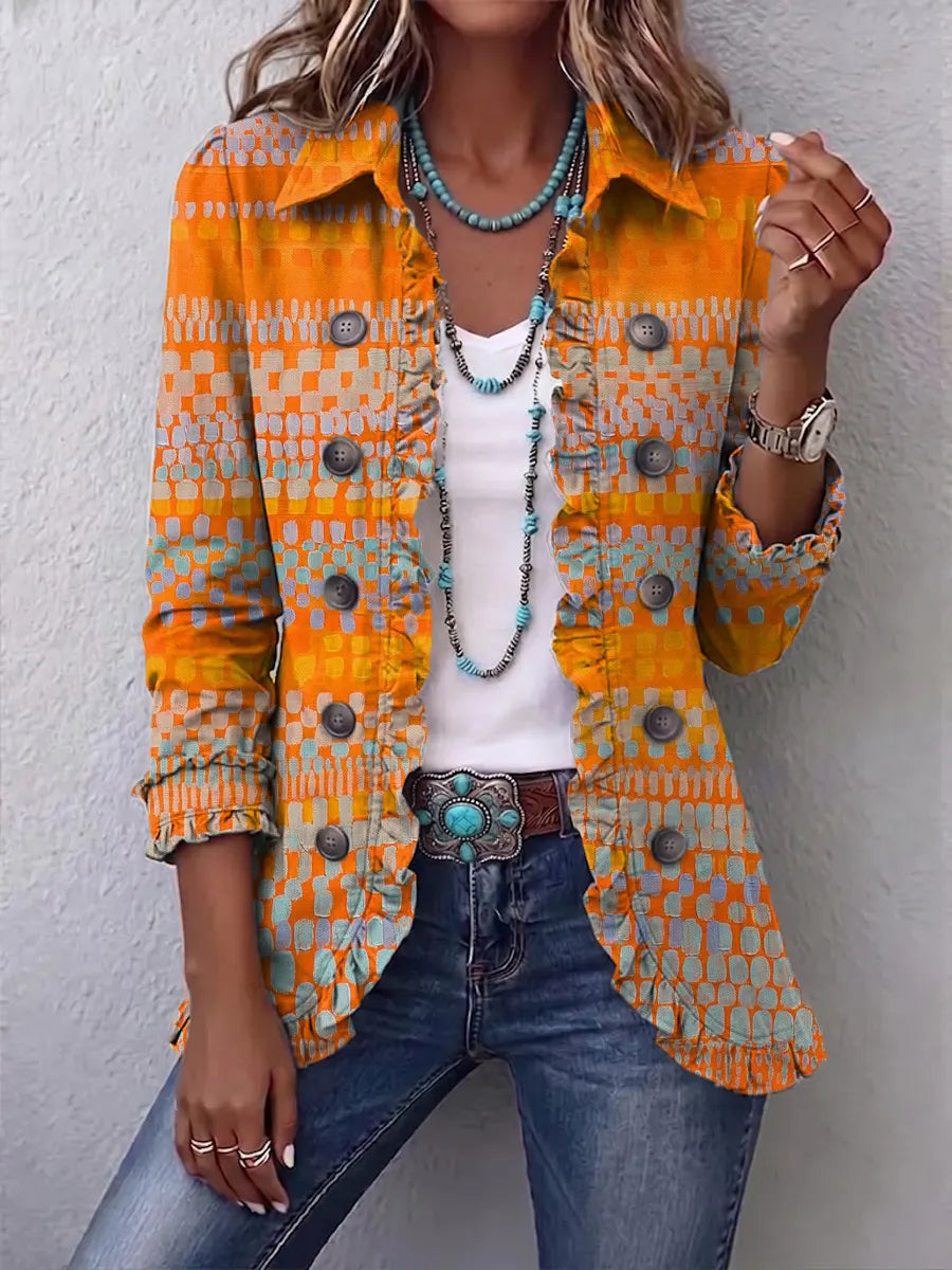 Retro Geometric Pattern Art Print Ruffle Casual Stylish Cotton Lapel Coat