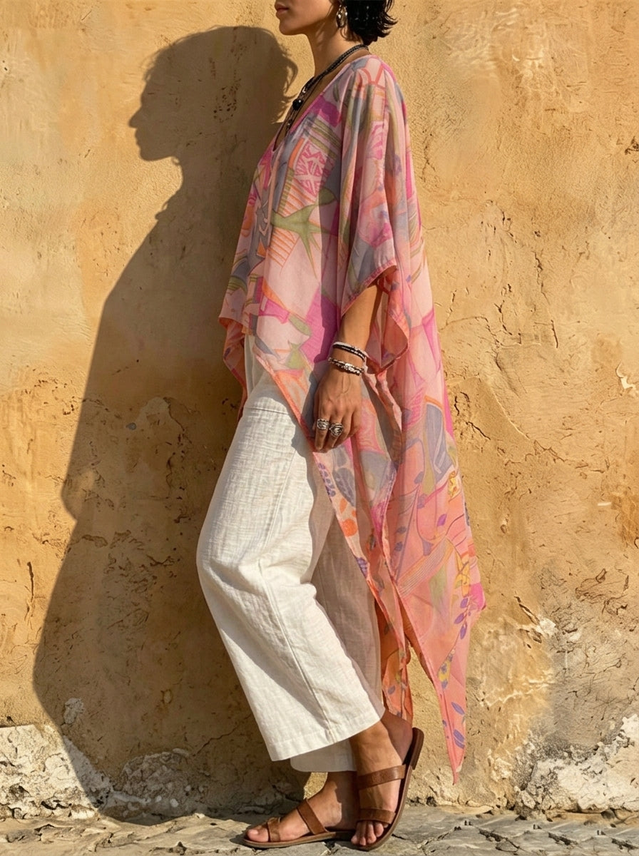 Women‘s Abstract Geometric Print Oversized Batwing Kaftan Tunic Top