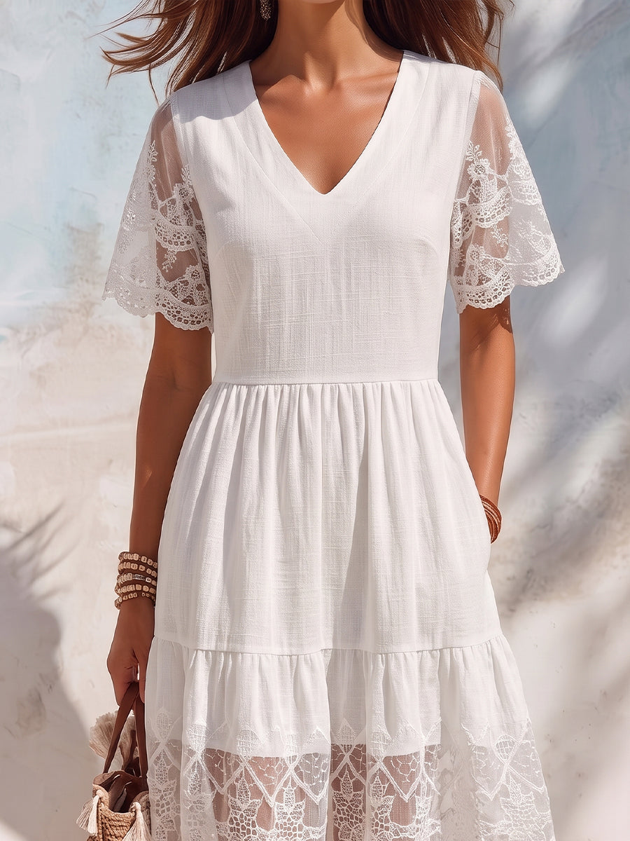 Vintage Elegant Embroidered Patchwork Cotton And Linen Dress