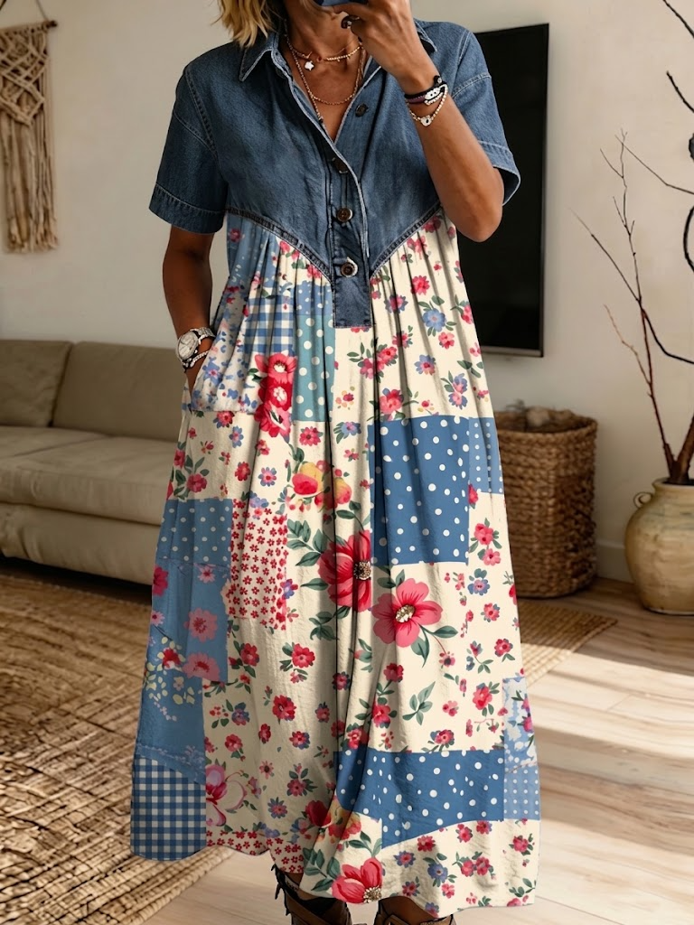 Women’s Denim Spliced Leopard Floral Print Loose Midi Dress With Pockets