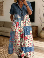 Women’s Denim Spliced Leopard Floral Print Loose Midi Dress With Pockets