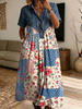 Women’s Denim Spliced Leopard Floral Print Loose Midi Dress With Pockets