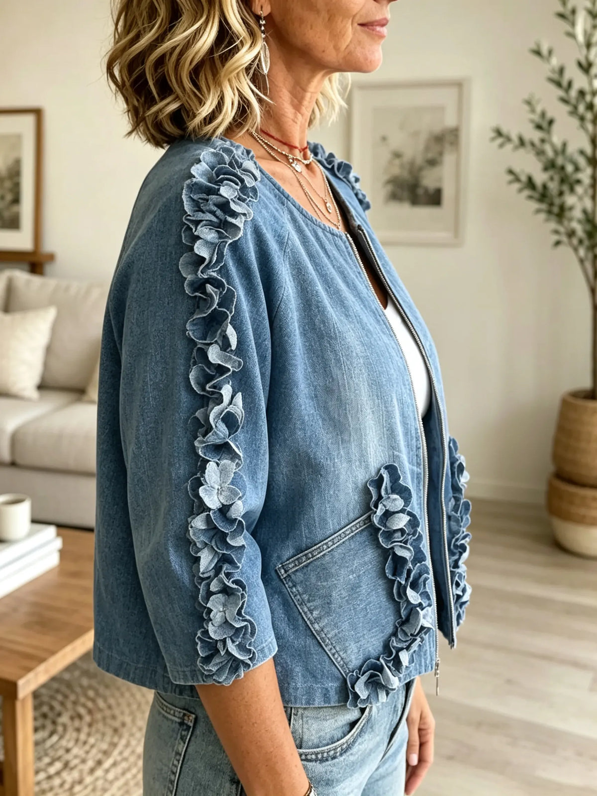 Women's Ruffle Detail Denim Zip Jacket