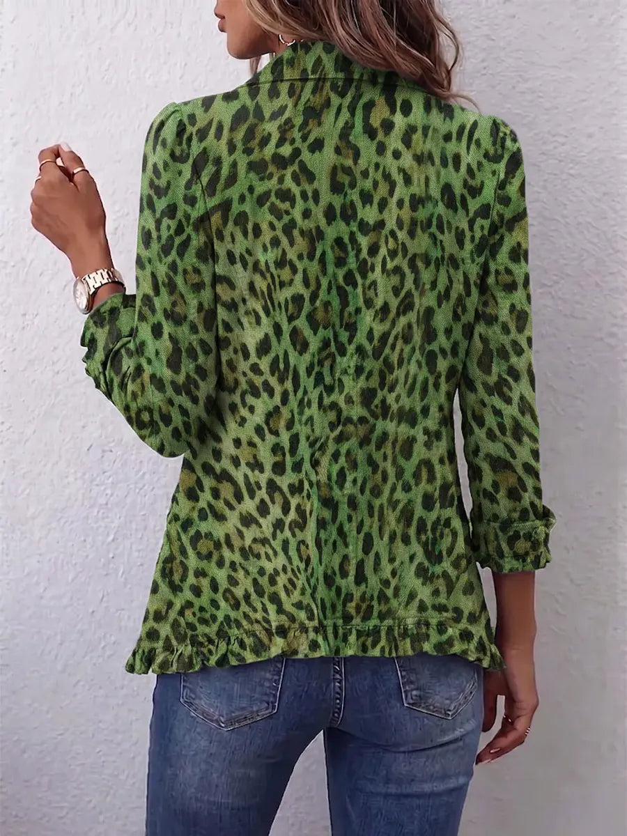 Retro Leopard Art Pattern Print Ruffle Casual Stylish Cotton Linen Lapel Coat