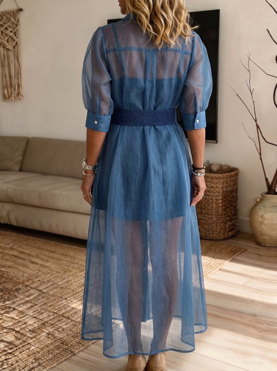 Women's Sheer Mesh Puff Sleeve Shirt Maxi Dress With Belt & Inner Slip