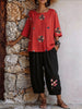 Womens’ Floral Embroidery Three Quarter Sleeve Top & Cropped Jogger Pants Two Piece Set