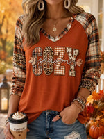 Women Hello Fall Ghost Pumpkin Spice Plaid Raglan Long Sleeve V‑Neck T‑Shirt