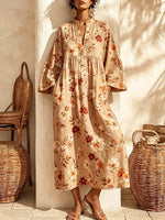 Retro Floral Pattern Art Print Casual V-neck Cotton Linen Maxi Dress