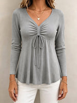 Women V‑Neck Drawstring Ruched Long Sleeve Ribbed Knit Peplum Top