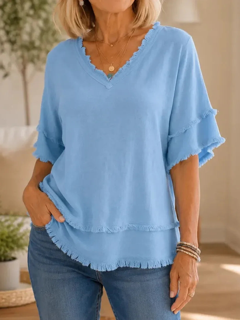 Women's Raw Edge Fringed Linen Blouse