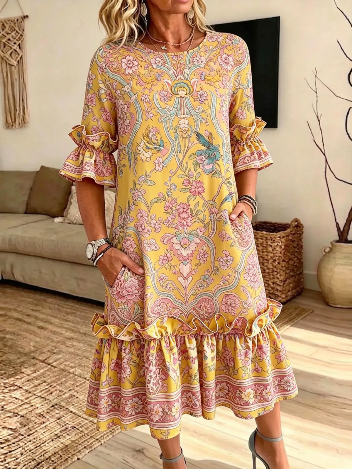 Women's Vintage Floral Print Ruffle Midi Dress