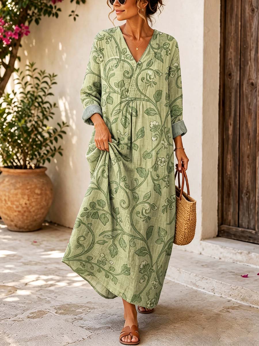 Retro Floral Pattern Art Print Casual V-neck Long Sleeve Cotton Linen Maxi Dress