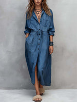 Retro Lapel Art Button Casual Long Sleeve Stylish Long Dress