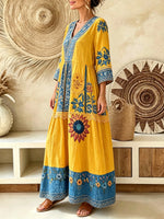 Women's Sunflower Floral Color Block Print V-Neck Loose Vacation Maxi Dress