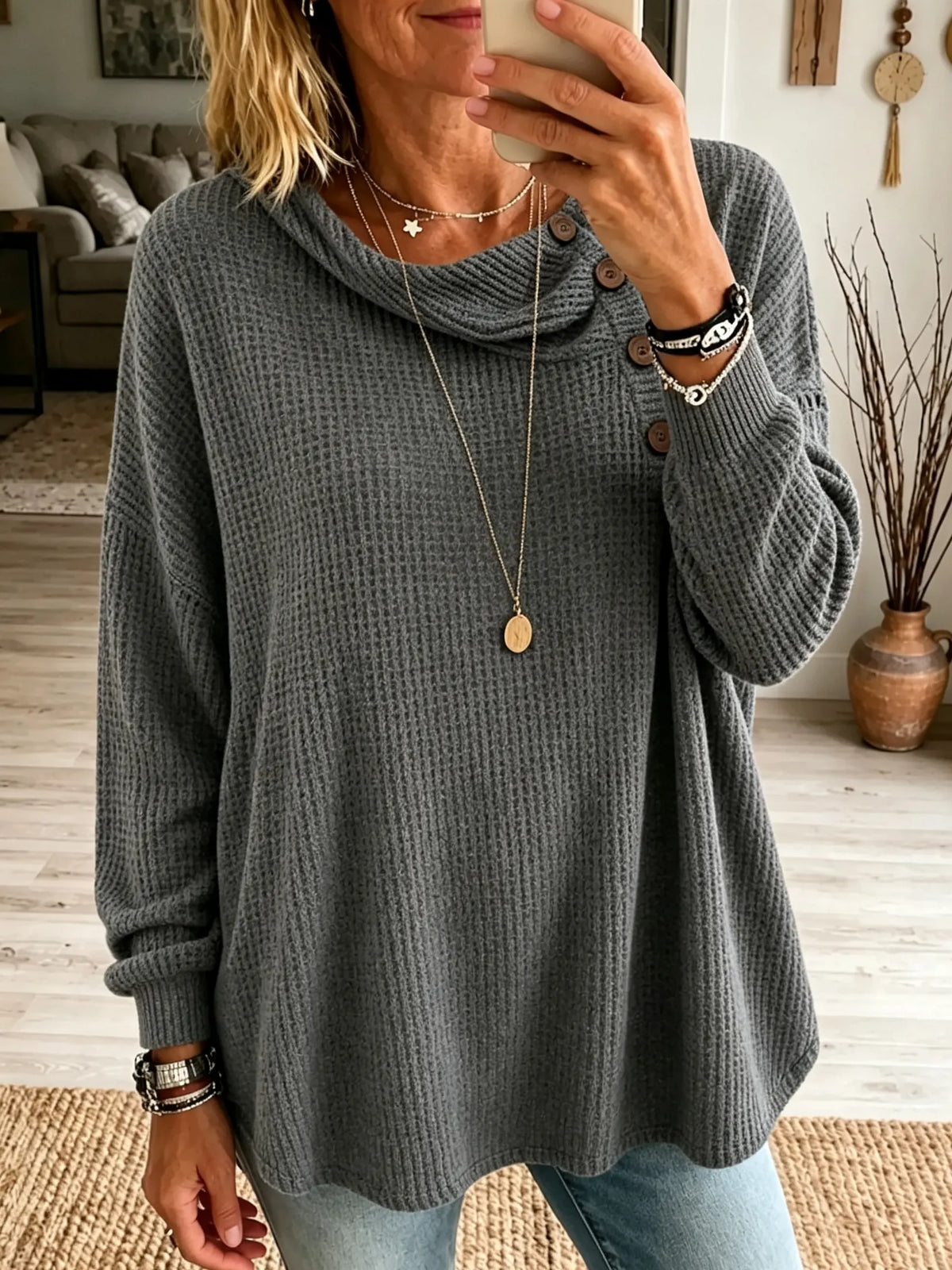 Women's Button Detail Waffle Knit Cowl Neck Top