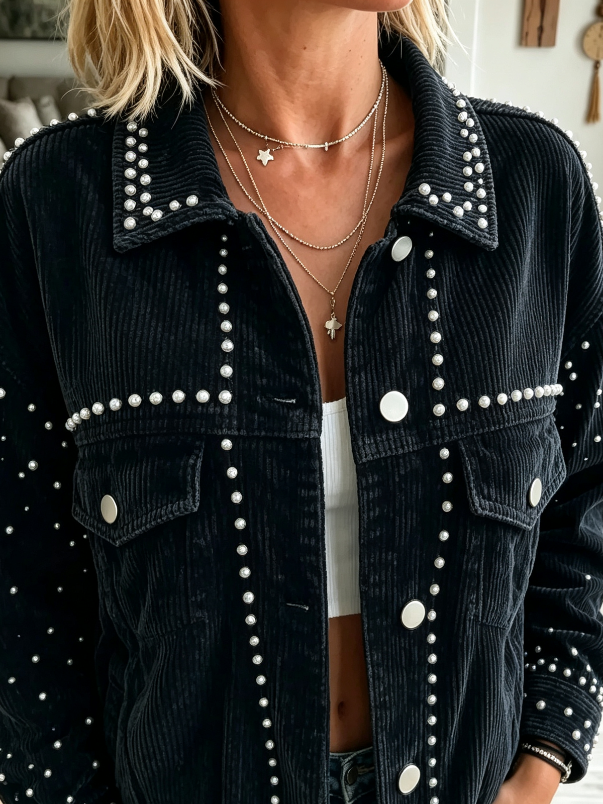 Women's Pearl Studded Corduroy Jacket