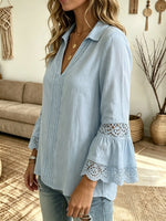 Women's Openwork Crochet 3/4 Bell Sleeve Blouse