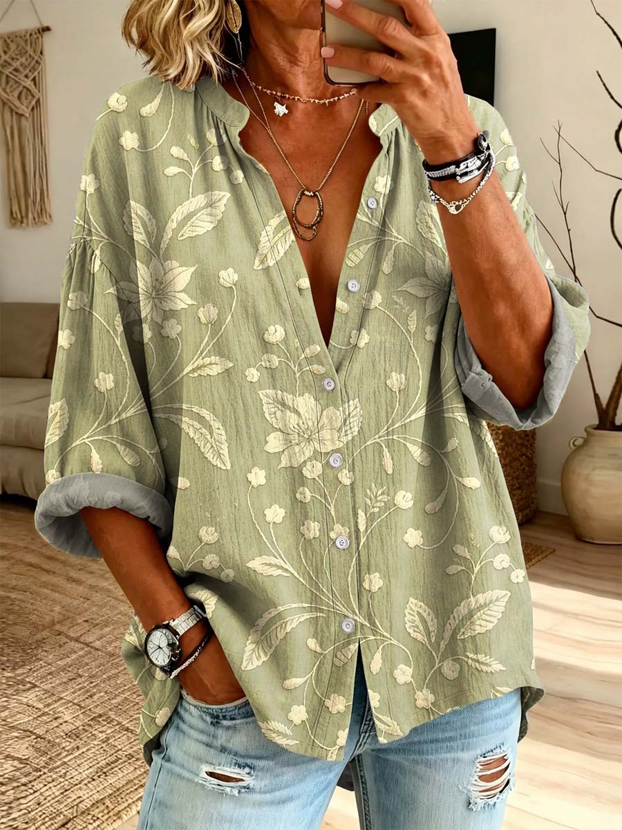Retro Floral Pattern Art Print Casual Long Sleeve Cotton Linen Shirt