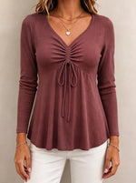 Women V‑Neck Drawstring Ruched Long Sleeve Ribbed Knit Peplum Top