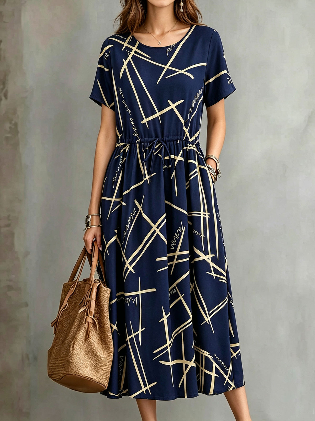 Women's Geometric Line Print Short Sleeve Drawstring Waist Midi Dress