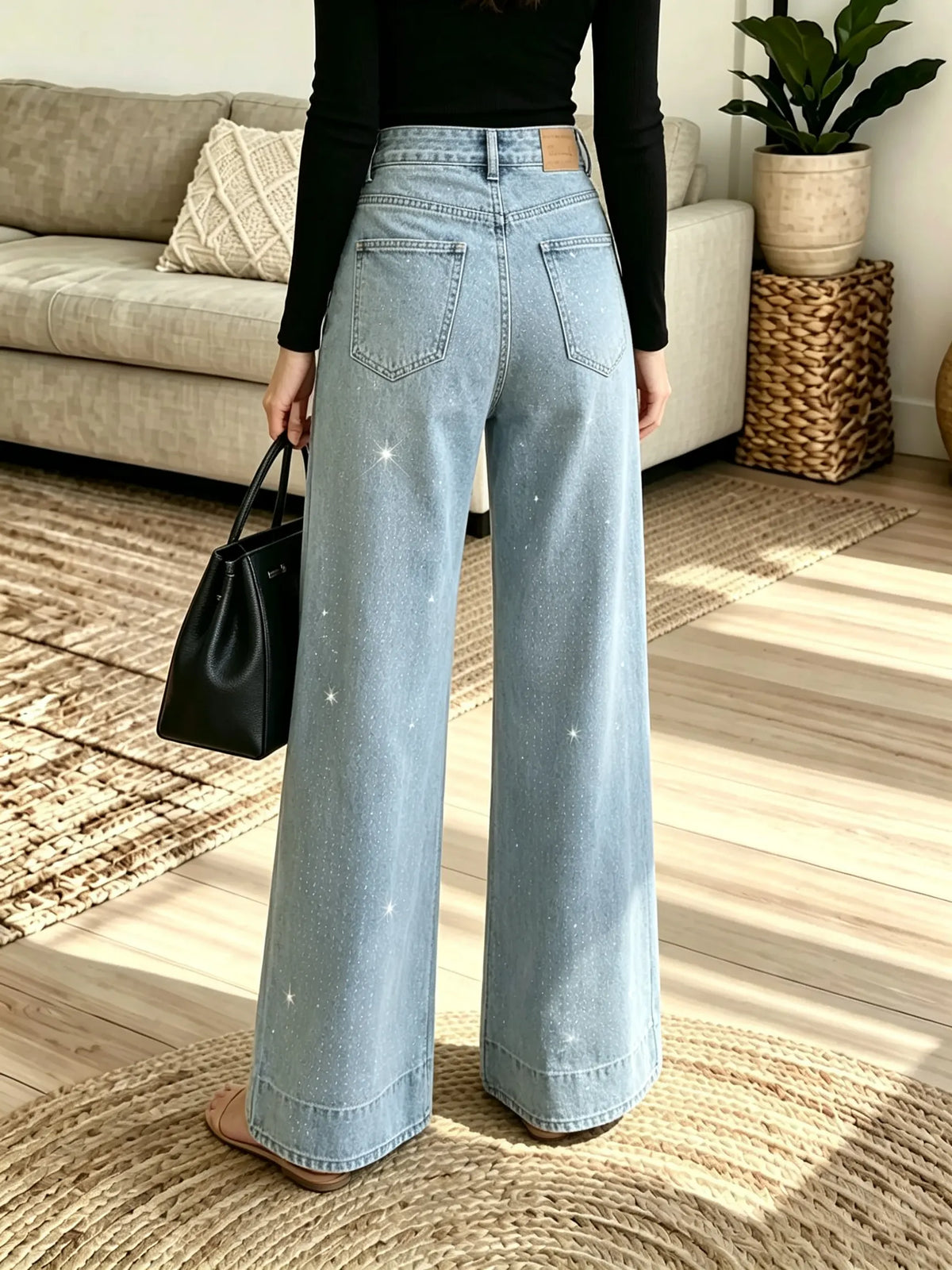 Multi-Color Options Women's Rhinestone Embellished Wide-Leg Jeans