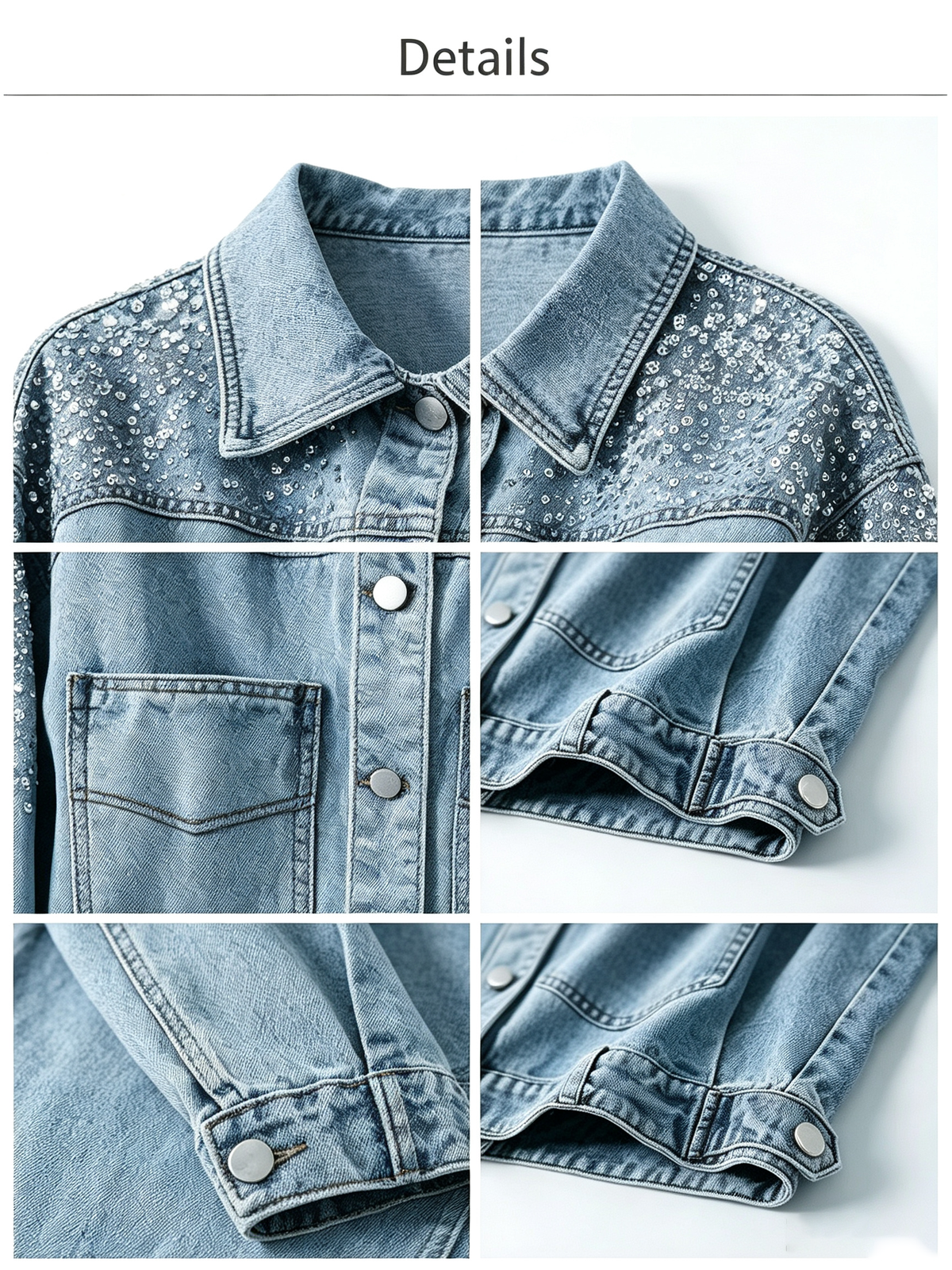 Women's Sequin Embellished Light Wash Denim Jacket