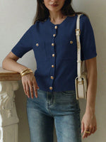 Elegant Button Pockets Short Sleeve Casual Knitted Cardigan Sweater