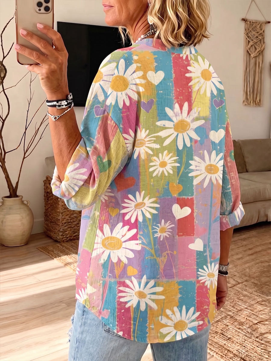 Vintage Elegant Button Long Sleeve Patterned Shirt