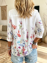 Women Watercolor Floral Print Button Down Shirt Lapel Long Sleeve Loose Blouse