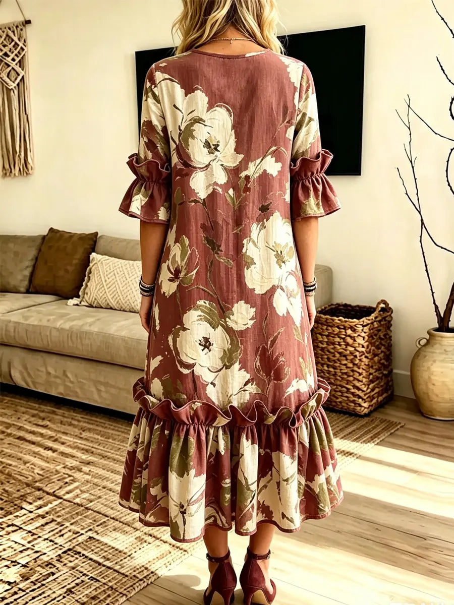 Retro Floral Pattern Art Print Casual Ruffle Stylish Cotton Linen Dress