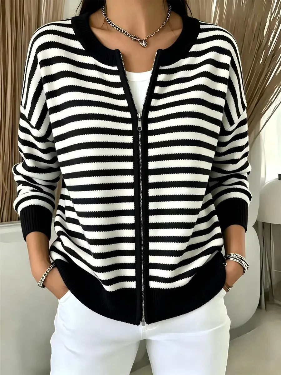 Classic Stripe Pattern Zip Long Sleeve Casual Stylish Knitted Cardigan Coat