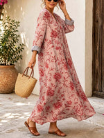 Retro Floral Pattern Art Print Casual V-neck Long Sleeve Cotton Linen Maxi Dress