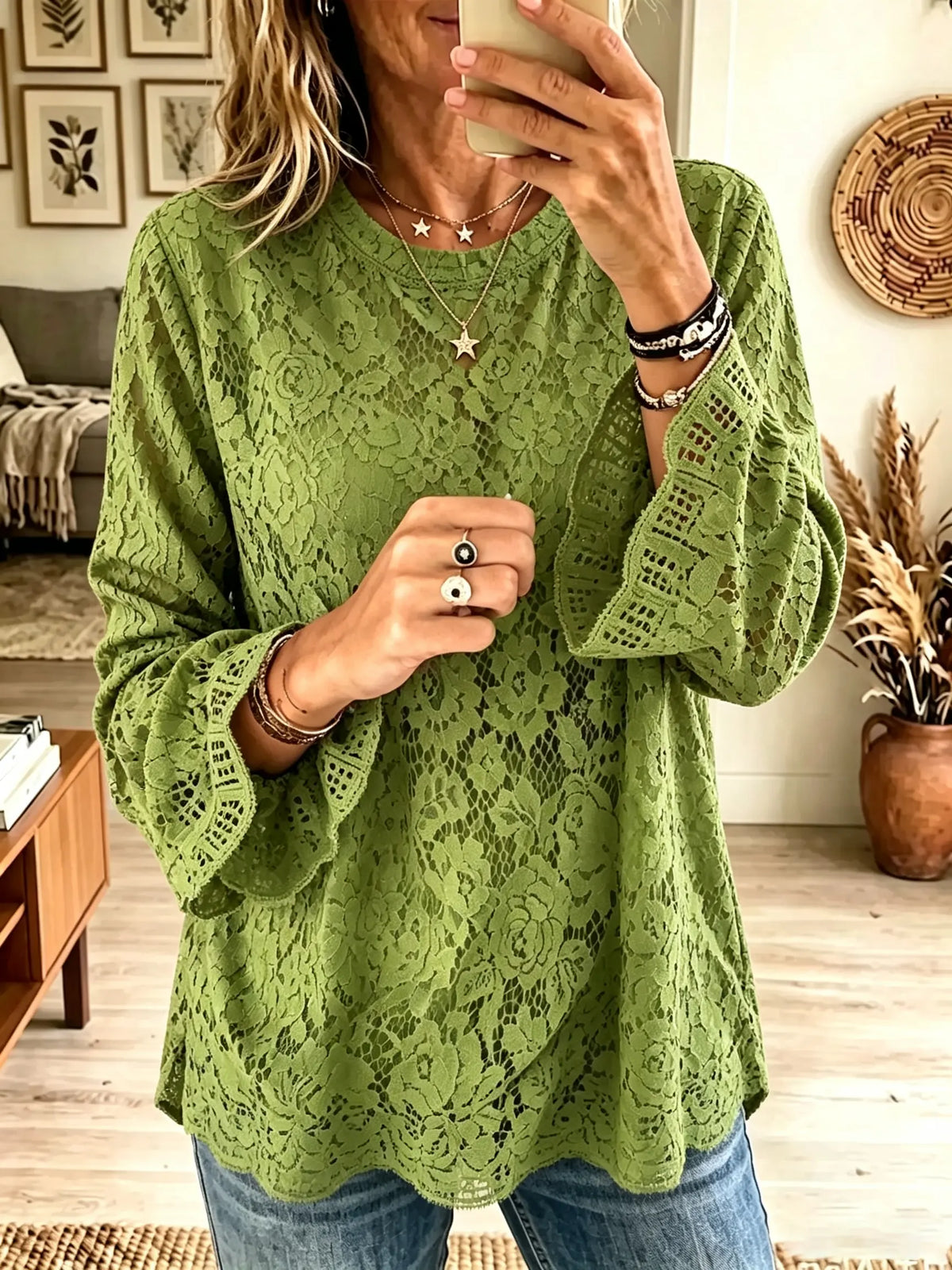 Women's Floral Crochet Lace Bell Sleeve Blouse