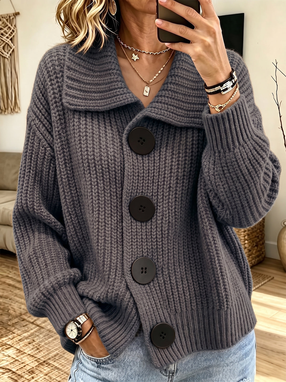 Women Lapel Collar Big Button Chunky Knit Cardigan