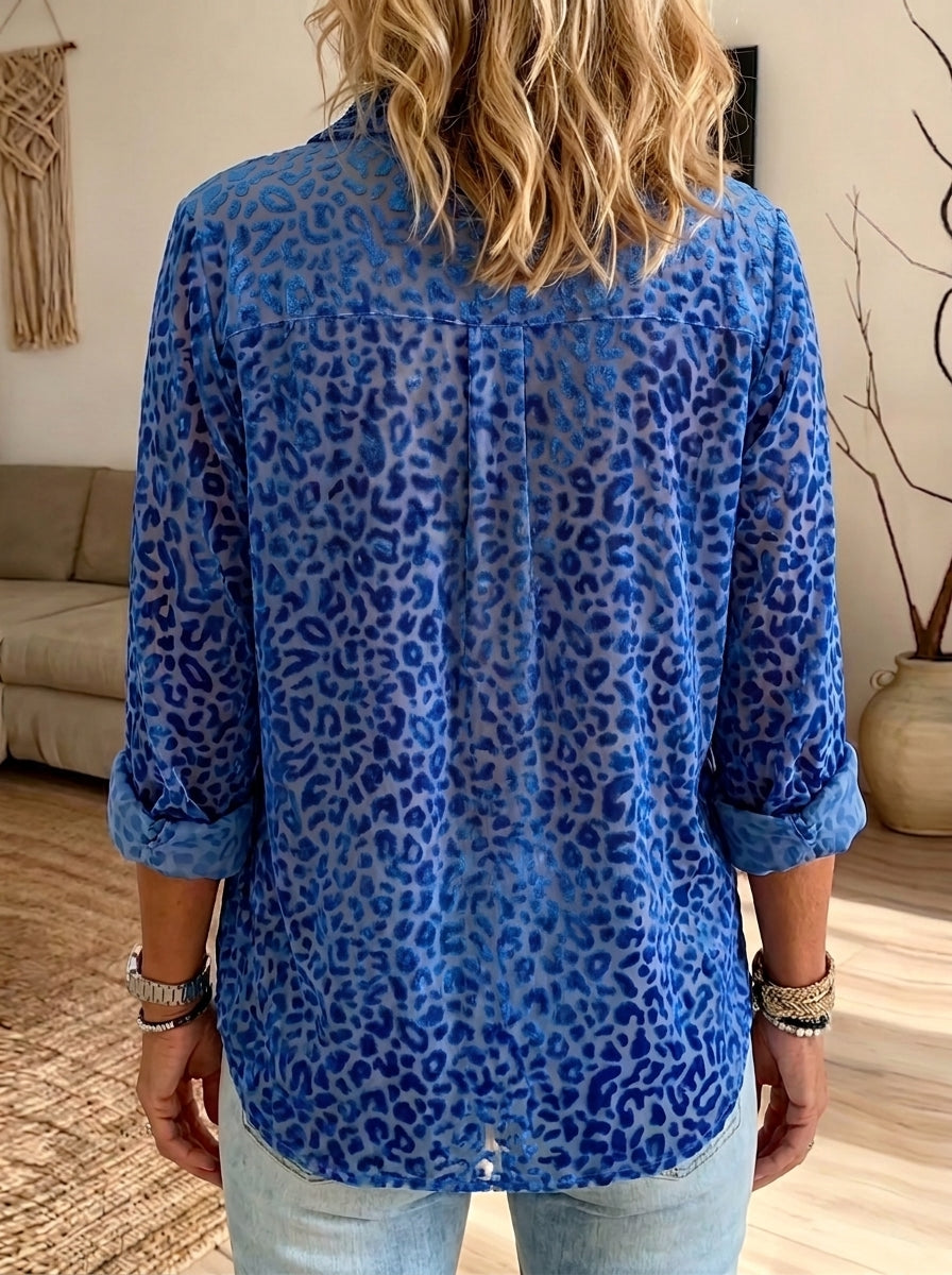 Women’s Blue Flocked Leopard Print Collared Loose Button Down Shirt With Pockets