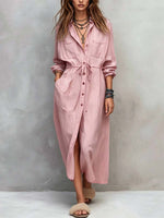 Retro Lapel Art Button Casual Long Sleeve Stylish Long Dress