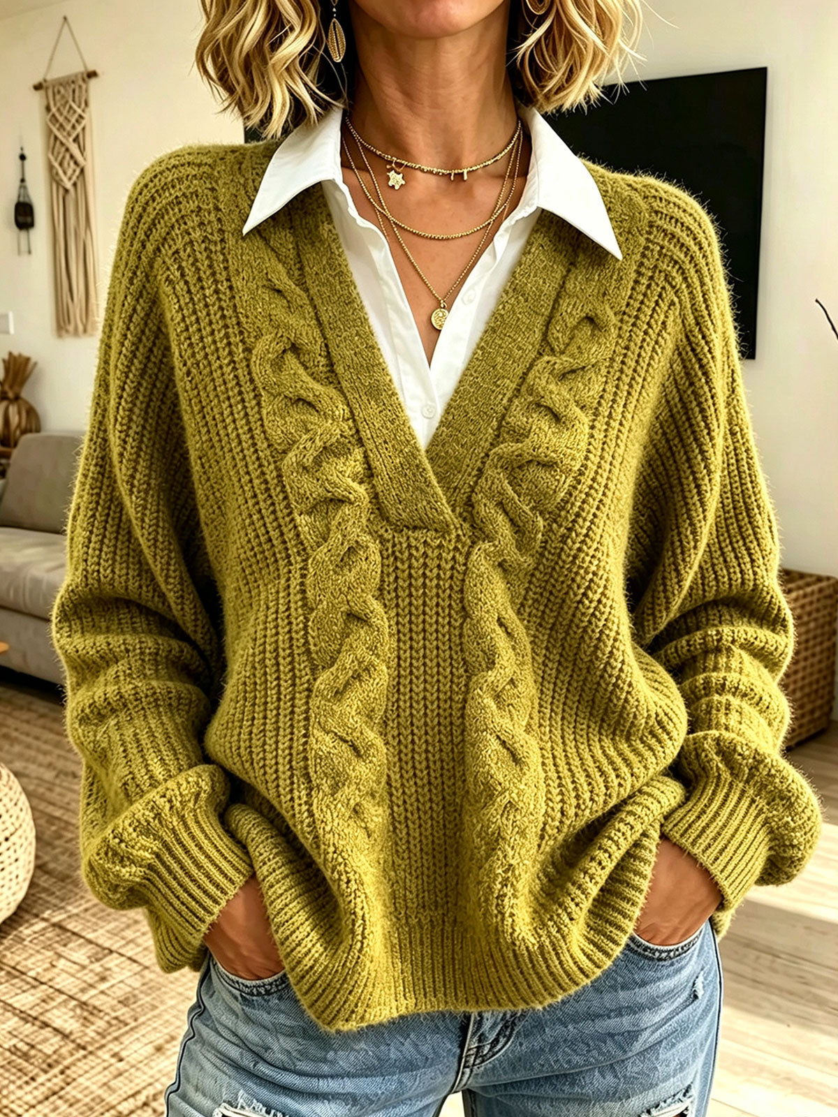 Women Faux Two‑Piece V‑Neck Cable Knit Collared Long Sleeve Sweater
