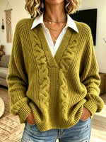 Women Faux Two‑Piece V‑Neck Cable Knit Collared Long Sleeve Sweater