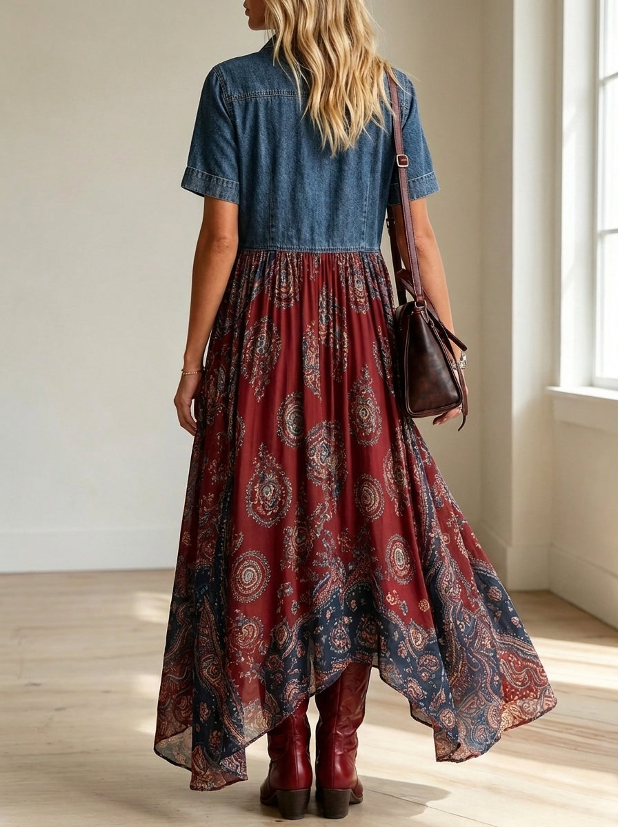 Women Denim Top Paisley Print Spliced Shirt Maxi Dress