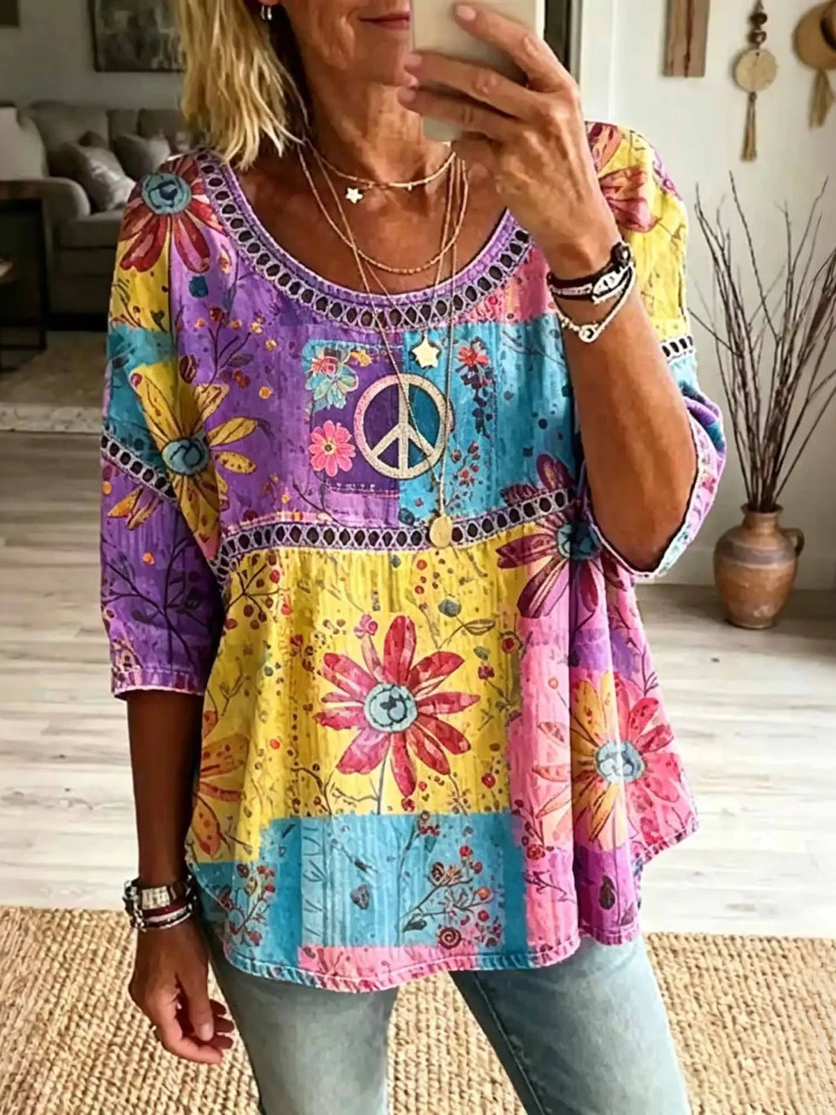 Women's Color Block Daisy Peace Logo Print Hollow Round Neck 3/4 Sleeve Babydoll Blouse