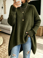 Women Oversized Turtleneck Asymmetric Hem Loose Knit Sweater