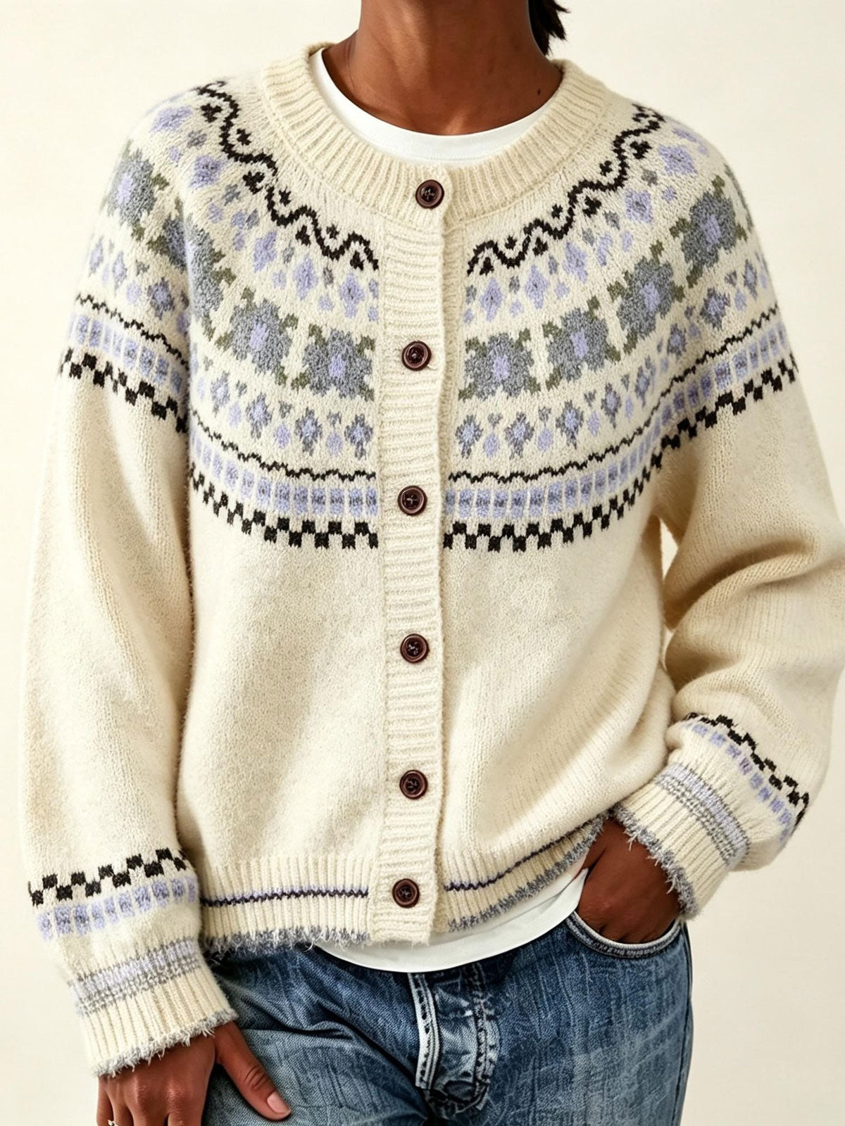 Women Fair Isle Floral Jacquard Round Neck Button‑Down Knit Cardigan